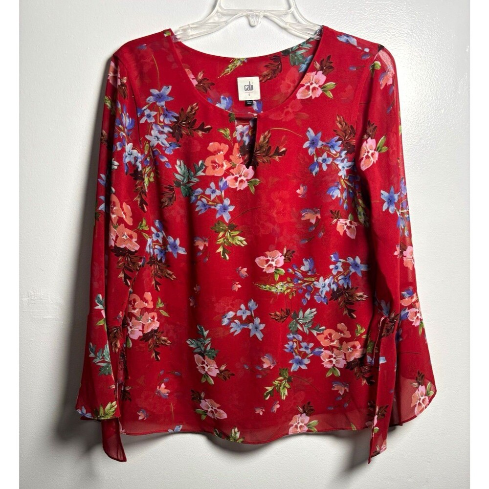 CAbi Red Floral Chiffon Sheer Ruffle Bell Sleeve V-Neck Blouse Women’s S 3590